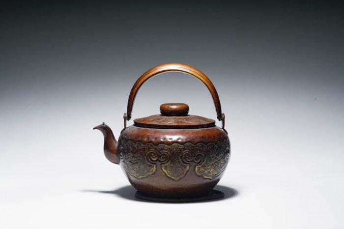 老日本銅槌目鎏金大湯沸─日本茶道具香道具日本銅器京都抹茶特價七天 
